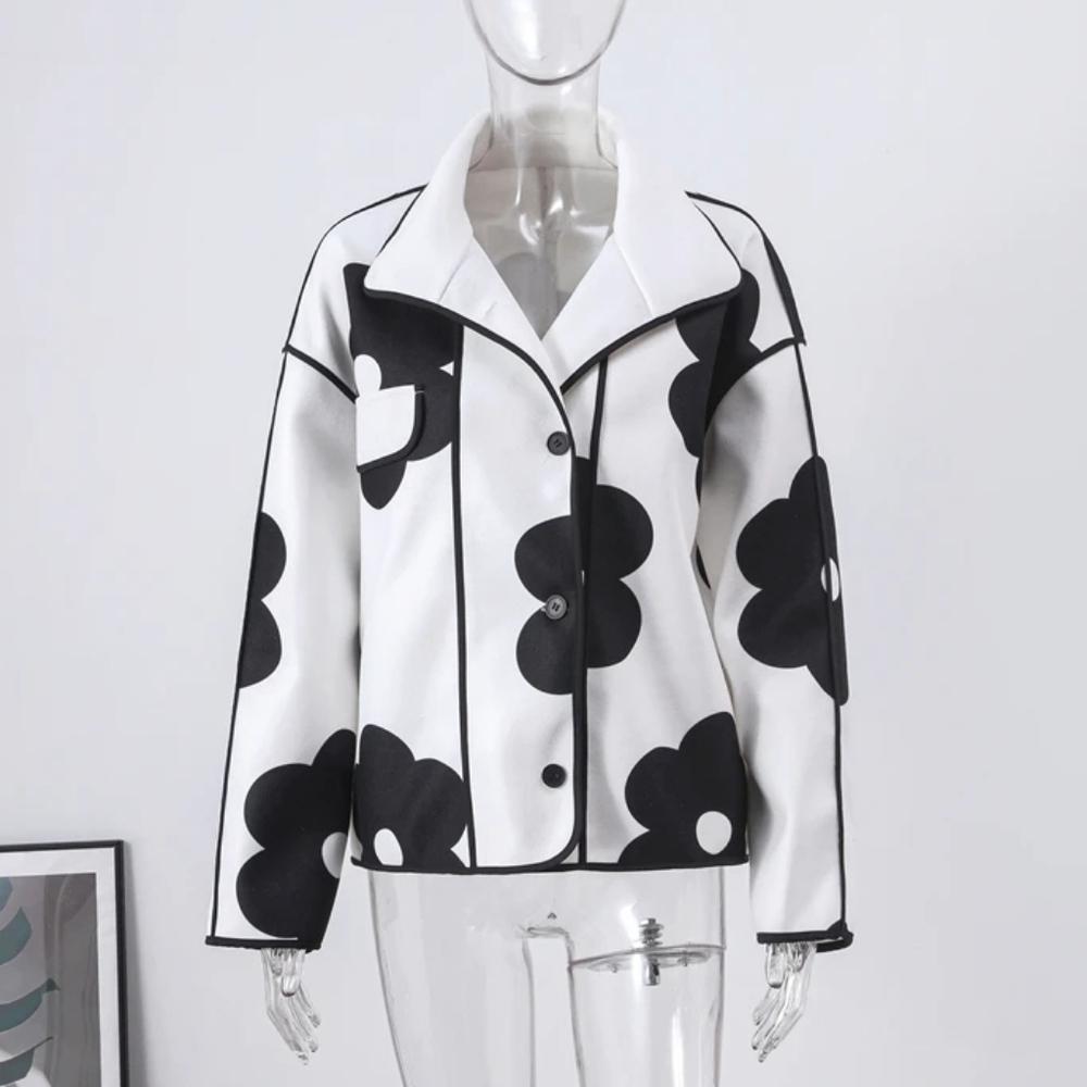 Black Daisy White Pull On Open Front Blazer Coat - Picture 3 of 6